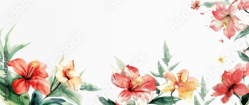 Watercolor lilies illustration with leaves on white background. Floral border design with copy space. Spring season and Mother's Day concept for banner, greeting card, invitation