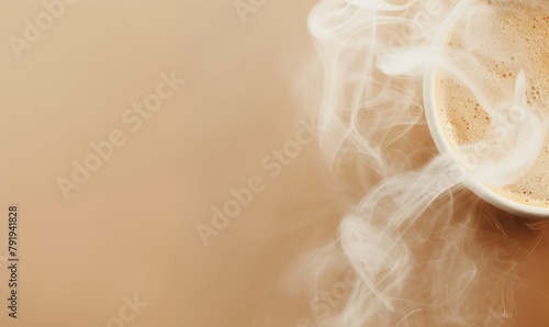 Steaming cup of coffee on a beige background with copious steam. Top view, banner with copy space. Breakfast and morning concept for design and print photo
