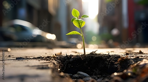 Green plant growing through the cracked concrete road