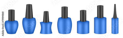 UV gel nail polish bottles. Set of black and blue bottles. Nail laquer or uv gel. Realistic packaging mockup. Manicure kit	