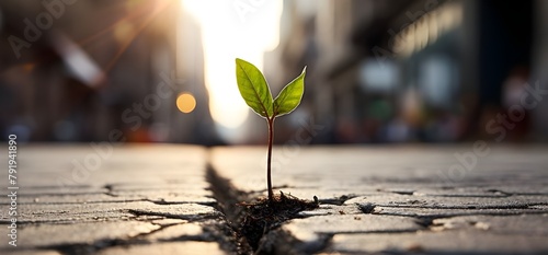 Plant sprout growing through the road. on a blurred city background