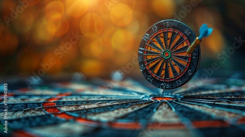 Target is struck by a dart in the bullseye of a dartboard with shallow depth of field