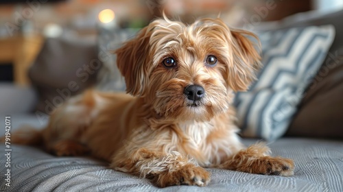 A cute dog is lying on the couch and looking at the camera.