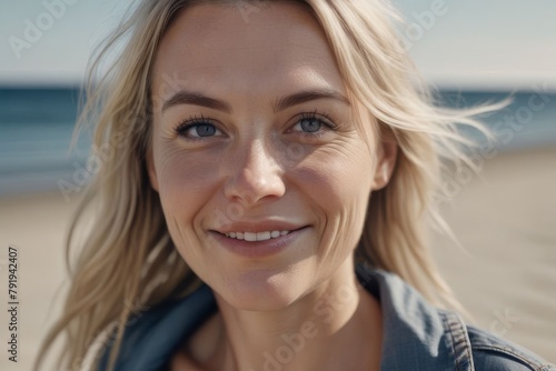 Obraz na płótnie Close-up portrait of a beautiful happy blonde woman with long hair on the seashore. Summer tropical mood. w salonie
