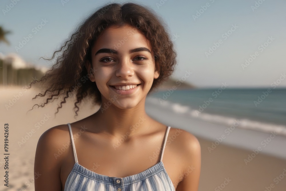 Beautiful smiling portrait of a young Latina girl on the beach. People's lifestyle. Summer atmosphere.