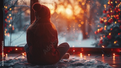 A girl sitting on the floor in front of a window, looking out at the snow falling. There are Christmas lights and candles all around her. photo