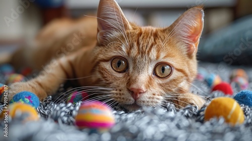 A ginger cat is lying on a carpet, looking at the camera. There are many colorful balls around it. photo