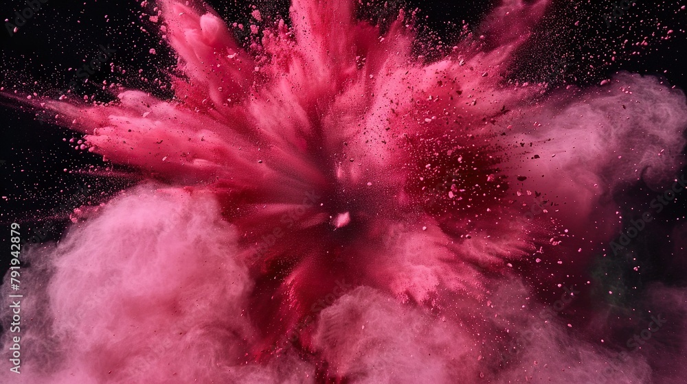 Fototapeta premium Pinkfarbene Farbexplosion vor dunklem Hintergrund, rauchender Knall, Explosion aus Pulver