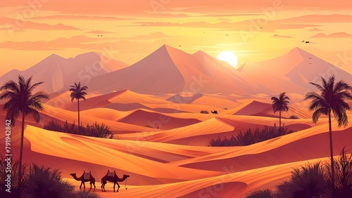 Desert landscape with dunes sand oasis nomads camels and scorching heat. Concept Desert Landscape, Sand Dunes, Oasis, Nomads, Camels