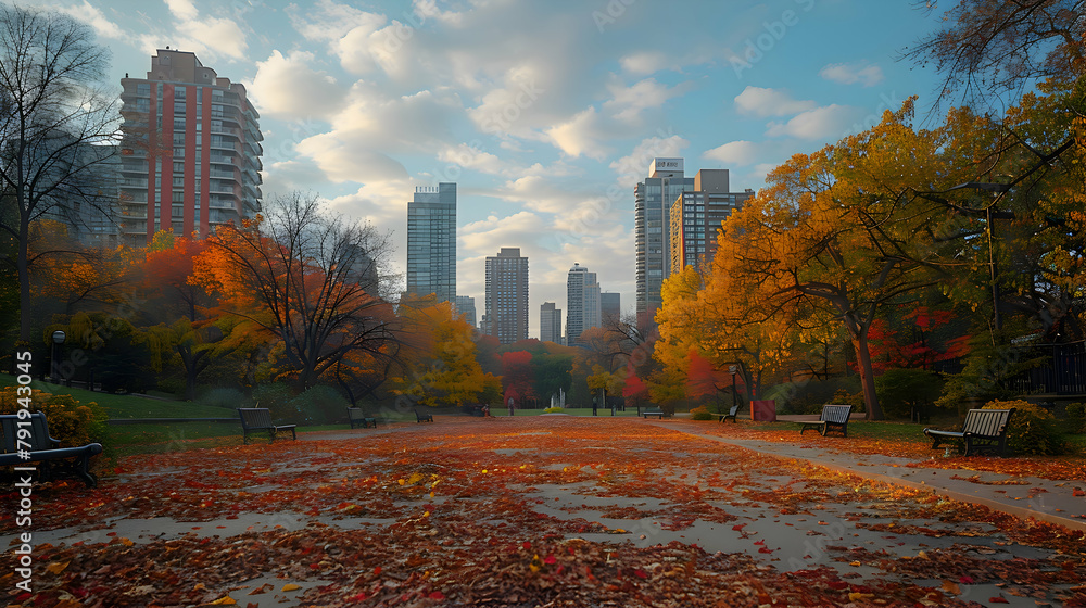 Obraz premium A vibrant city park in autumn, captured in wide-angle to include both the colorful trees and the urban skyline in the background