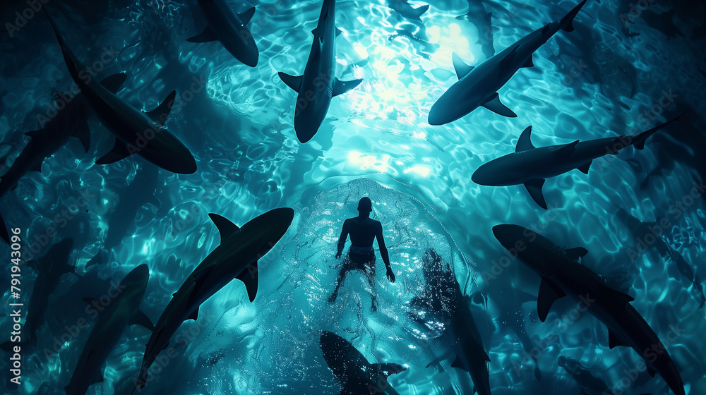 Diver surrounded by sharks underwater with light rays. - obrazy, fototapety, plakaty 