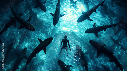 Diver surrounded by sharks underwater with light rays.