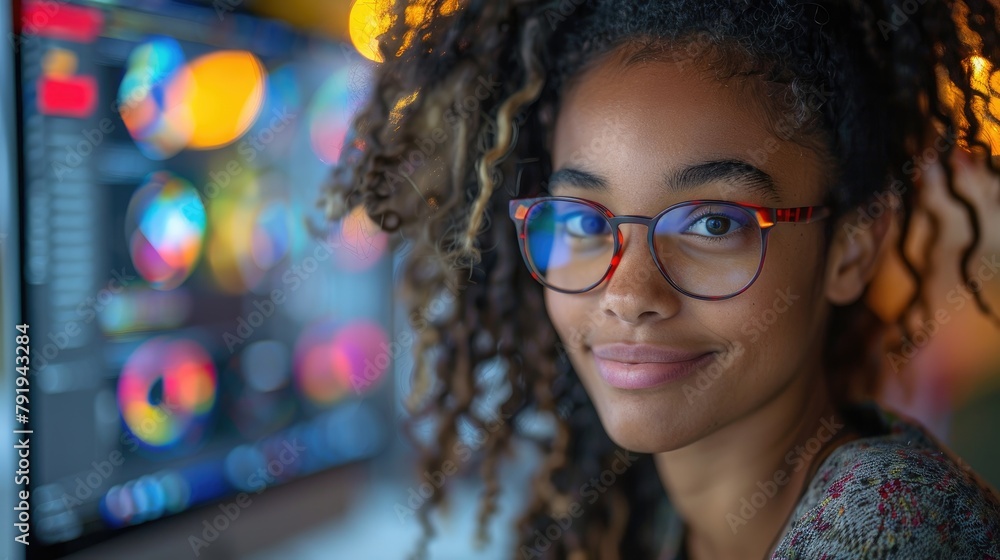 A young woman with curly hair and glasses is sitting in front of a computer monitor. She is smiling at the camera. The background is blurry and contains colorful lights. A young woman with curly hair and glasses is sitting in front of a computer monitor. She is smiling at the camera. The background is blurry and contains colorful lights.
