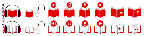 Audiobook icons. Set of red books, headphones and signs. Play, sound, music, note, microphone icons. Audio guide.	