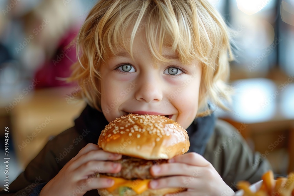 Blond-haired child with a playful expression gripping a large hamburger seated at a restaurant Blond-haired child with a playful expression gripping a large hamburger seated at a restaurant