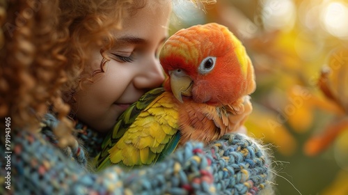 An oil painting of a young girl with curly hair hugging a parrot in the woods.