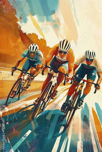 dynamic illustration of three professional cyclists riding on the track for a race bicycle competition, with a blue and orange color palette 