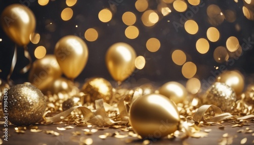 'metallic gold celebration Holiday balloons sparkles background confetti golden ribbons christmas decoration ball pearl shiny jewellery glasses bead elegant winter macro wa'