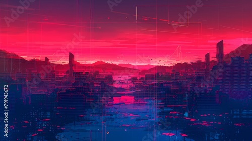 Futuristic Cyberpunk Cityscape in Vivid Red and Blue Hues