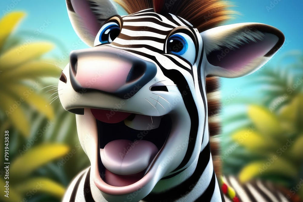 Portrait of a cartoon happy smiling zebra