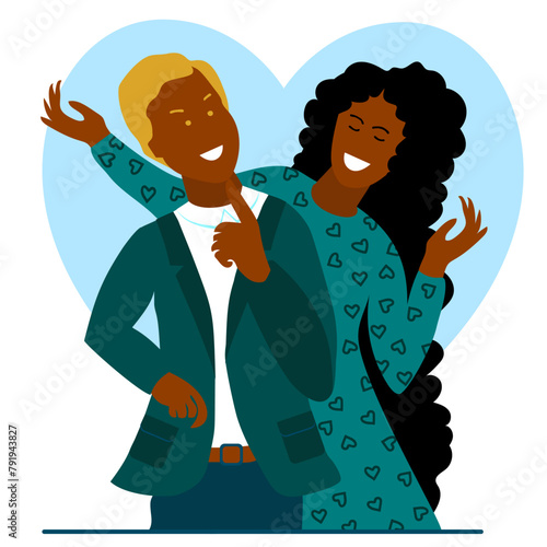 African, American Couple of man and woman. Teamwork. Business, communication, social concept. Positive emotions and celebration. Flat hand drawing vector illustration.