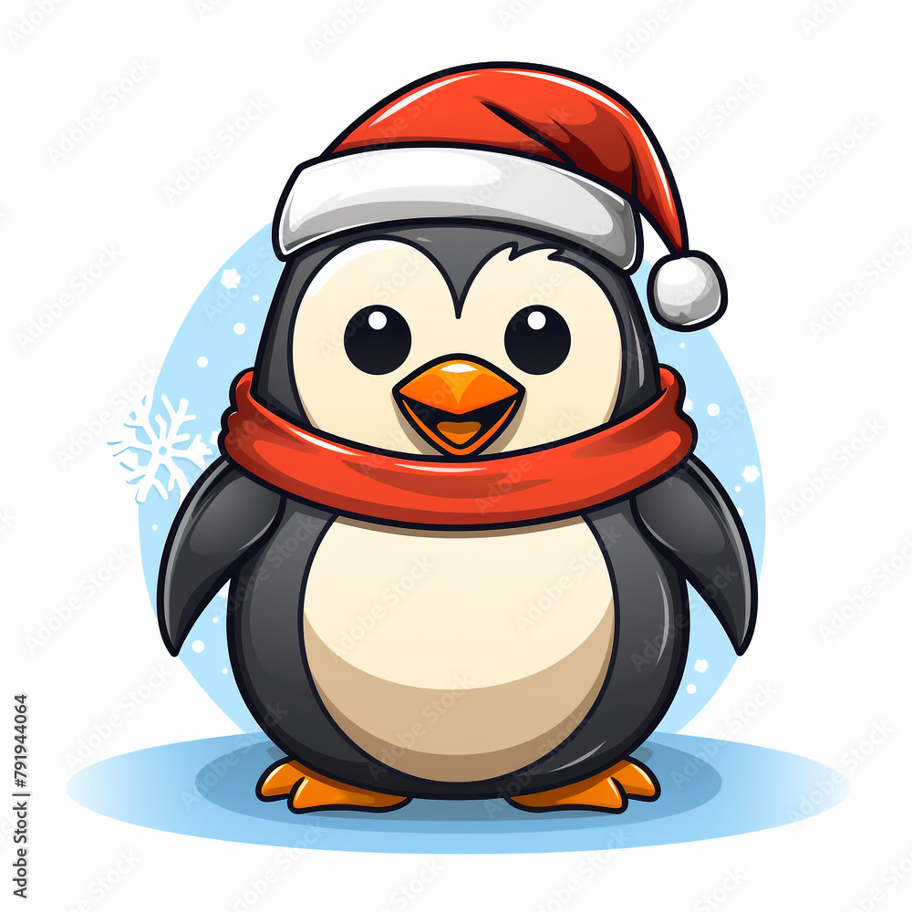 Fototapeta premium Christmas Penguin illustration with outline with white Background сreated with Generative Ai