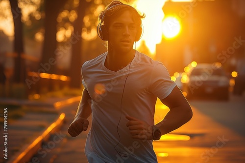 A man wearing headphones on a jog in the city with a dazzling sunset photo