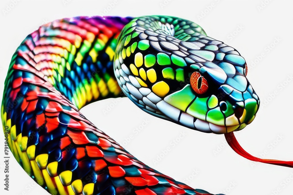 Bright snake in LGBT rainbow colors on a white background