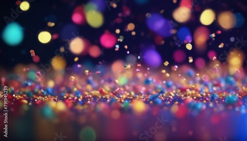 'slowly sparkles liquid dark blue multicolored confetti float cloud fly bokeh background. Beautiful light effects particles air glowing particle abstract many-coloured glistering sparkle backgrou' photo