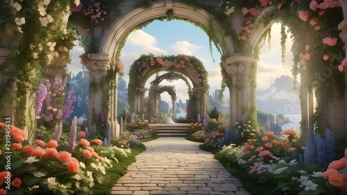  A photorealistic depiction of an enchanted fairytale garden with secret pathways under flower arches, vibrant greenery, and a digital backdrop of magical beauty. The image should capture the realisti photo