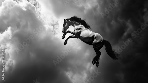 Majestic horse mid-jump against a cloudy sky.