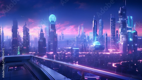 Futuristic city panorama. Panoramic view of modern skyscrapers at night.