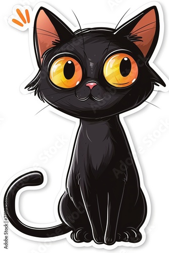 Sticker of black cat cartoon with cute big eyes