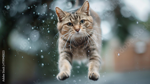 A dynamic shot of a tabby cat leaping amidst falling snowflakes.