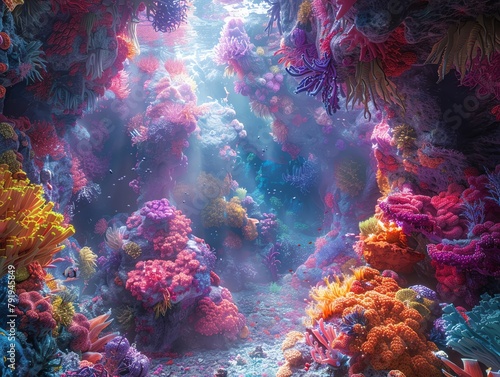 Capture the essence of an underwater fantasy realm  blending vibrant hues and mesmerizing light effects with a surreal tilt  unveiling hidden depths teeming with otherworldly creatures