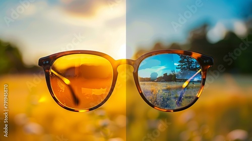 a sunny summer image divided in half showing the difference between a glasses lens with vs without anti-glare coating 
