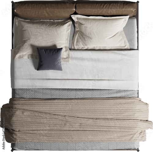 Foto Top view of double bed with leather headboard and blanket