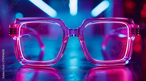 Thick square pink and purple glasses frame stands in the middle, glasses advertising, flashing red light, love and romantic style