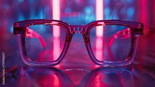 Thick square pink and purple glasses frame stands in the middle, glasses advertising, flashing red light, love and romantic style