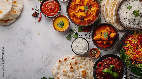 Indian ethnic food buffet on white concrete table from above curry, samosa, rice biryani, dal, paneer, chapatti, naan, chicken tikka masala, mango lassi, dishes of India for dinner background photo