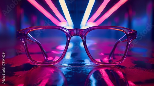 Thick square pink and purple glasses frame stands in the middle, glasses advertising, flashing red light, love and romantic style photo