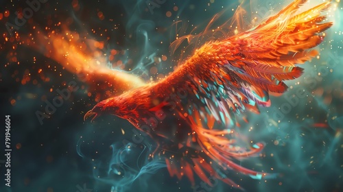 Paint ethereal phoenixes soaring through virtual reality simulations, intertwining with augmented reality projections Experiment with distorted perspectives to highlight their fiery plumage against th photo