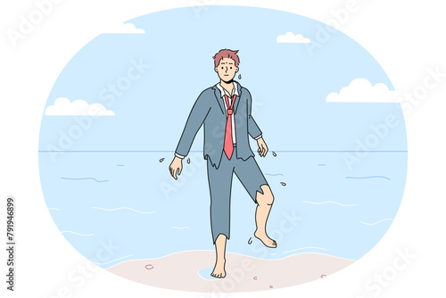 Confused businessman in torn suit walk out of ocean into beach. Frustrated male employee save after crash walk to seashore. Vector illustration.