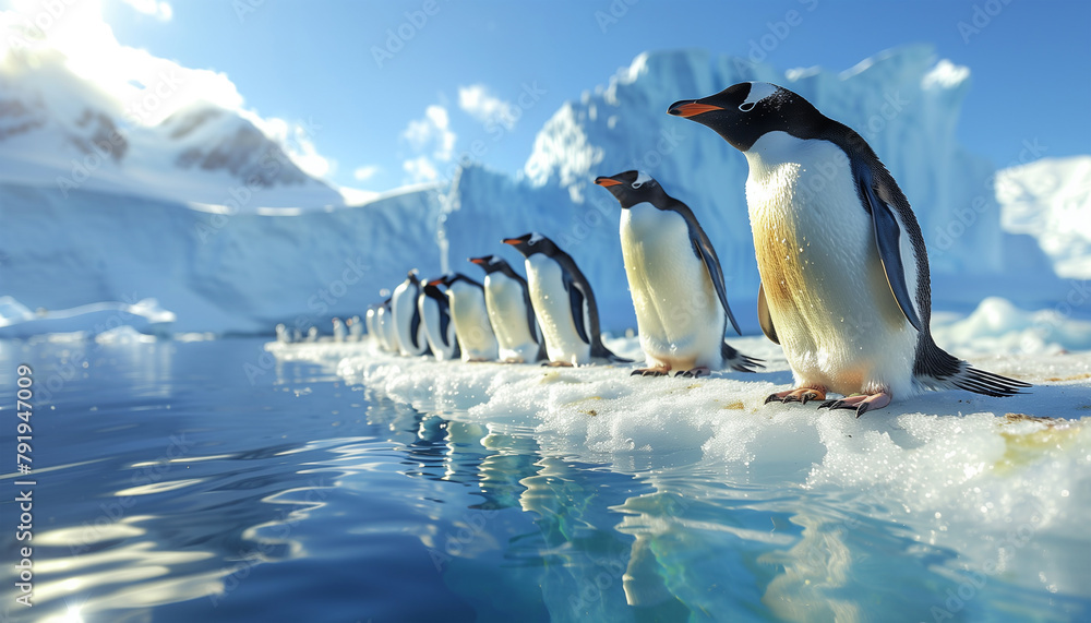 Flock of four lovely penguins floating on small iceberg in cold Antarctic sea waters with picturesque moody landscape background. Beauty in Nature, Eco concept image.