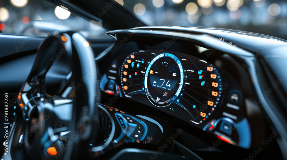 Speedometer on screen of sports car