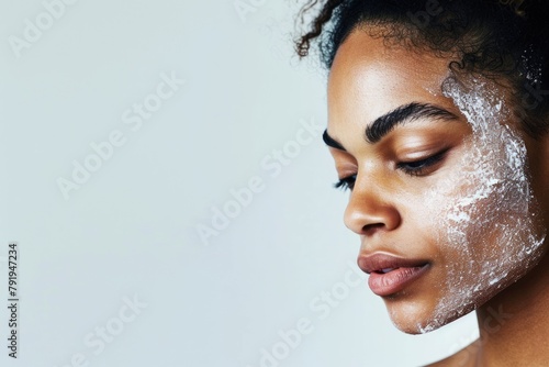 The side view of the african woman using facial treatment, the young beautiful girl has been using white powder for skin care of her face, black lady using white powder for facial treatment. AIGX01. photo