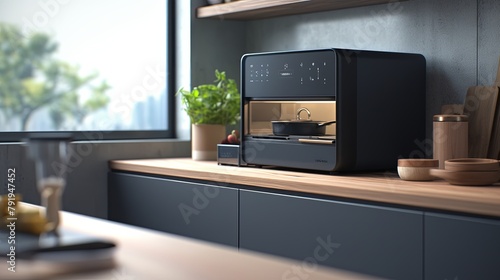 A black countertop oven sits on a wooden counter in a modern kitchen.