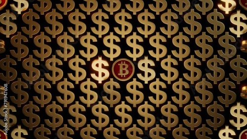 Gold dollar and bitcoin coin, looping vertical animation on black background, BTC to US dollar conversion, 3D rendering made by man.
