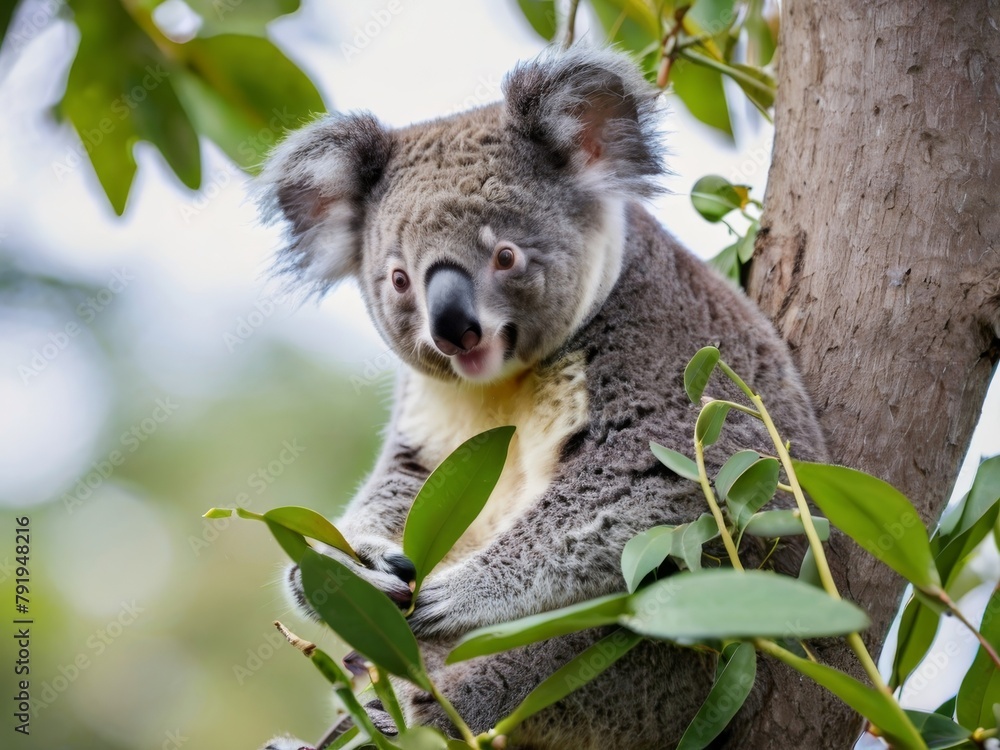 A koala bear perched on a tree branch, holding a eucalyptus leaf