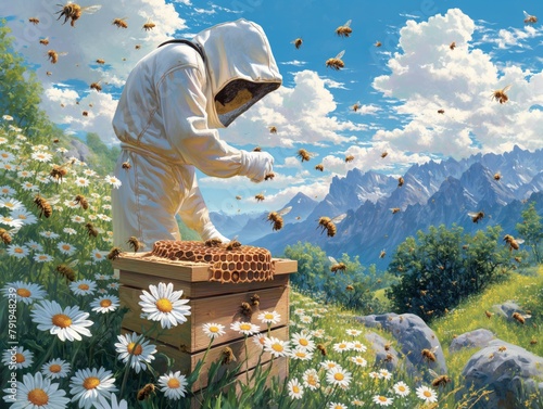 A man in a beekeeper suit is tending to a hive of bees. The scene is set in a field of flowers, with mountains in the background